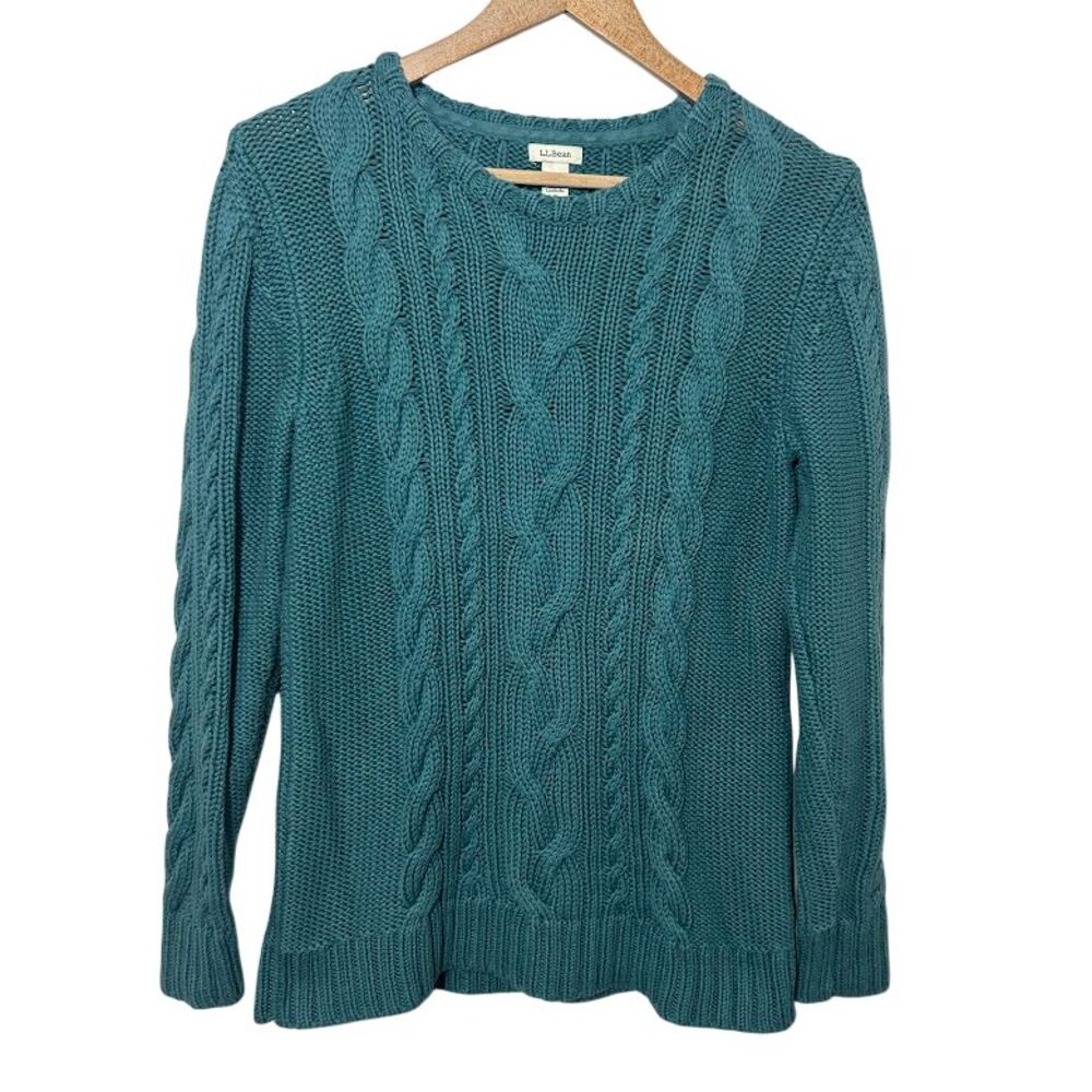 LL Bean Women's Double L Cable Knit Sweater M Crewneck Teal Blue Cotton